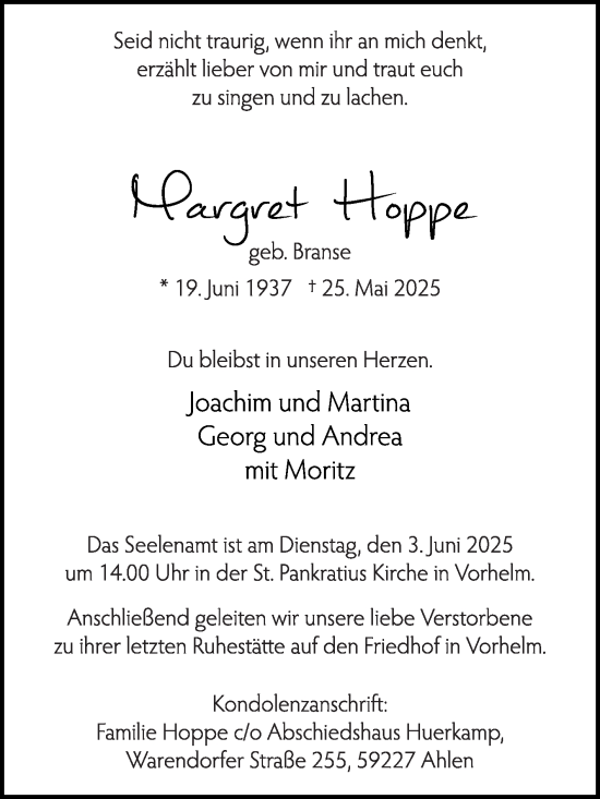 Traueranzeige von Margret Hoppe von Die Glocke