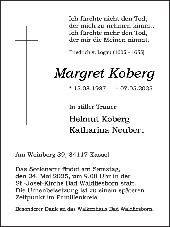 Traueranzeige von Margret Koberg von Die Glocke
