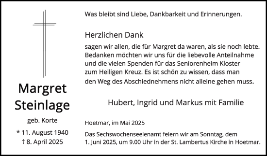 Traueranzeige von Margret Steinlage von Die Glocke