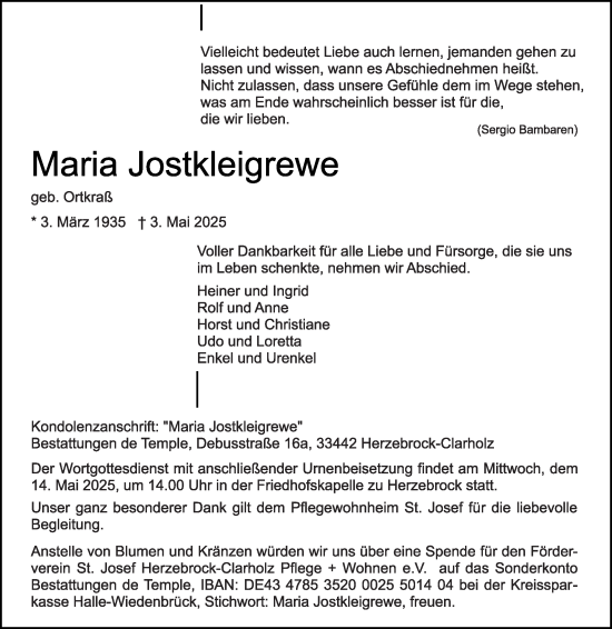 Traueranzeige von Maria Jostkleigrewe von Die Glocke