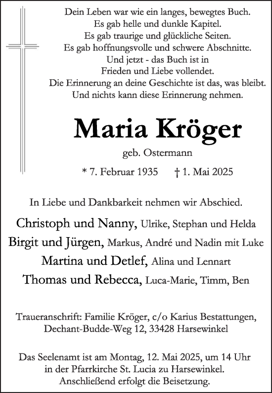 Traueranzeige von Maria Kröger von Die Glocke