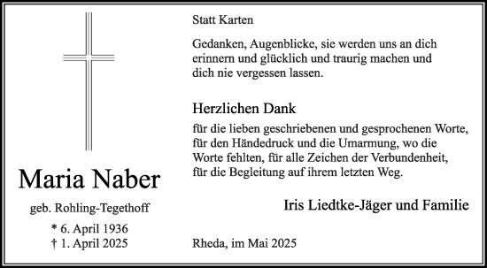 Traueranzeige von Maria Naber von Die Glocke