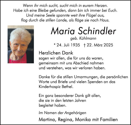 Traueranzeige von Maria Schindler von Die Glocke