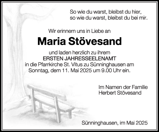 Traueranzeige von Maria Stövesand von Die Glocke