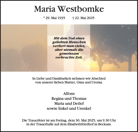 Traueranzeige von Maria Westbomke von Die Glocke