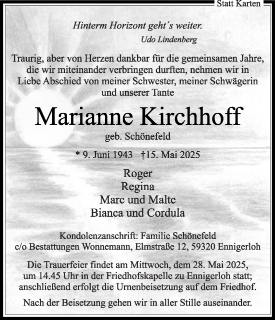 Traueranzeige von Marianne Kirchhoff von Die Glocke
