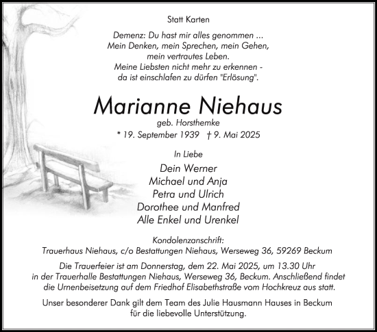 Traueranzeige von Marianne Niehaus von Die Glocke