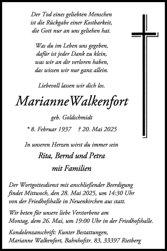 Traueranzeige von Marianne Walkenfort von Die Glocke