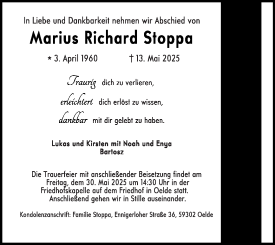 Traueranzeige von Marius Richard Stoppa von Die Glocke