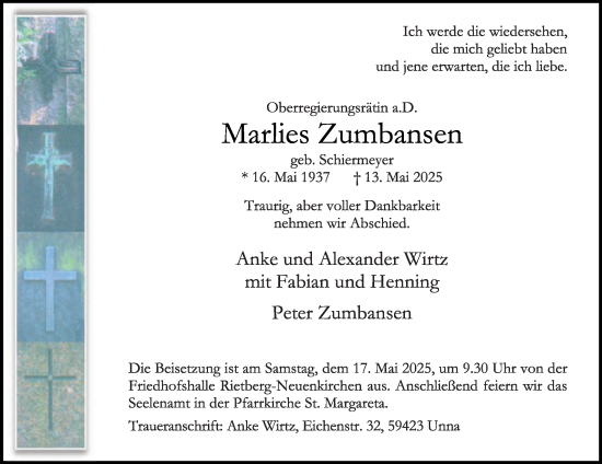 Traueranzeige von Marlies Zumbansen von Die Glocke