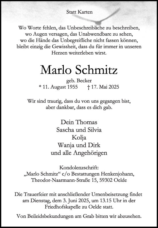 Traueranzeige von Marlo Schmitz von Die Glocke