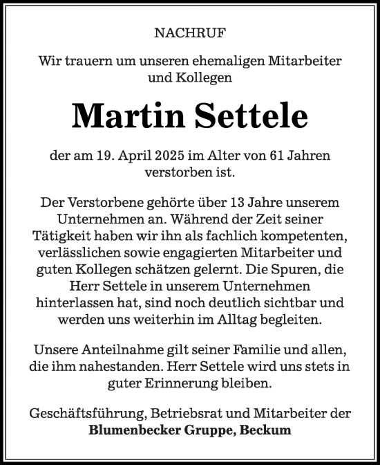 Traueranzeige von Martin Settele von Die Glocke