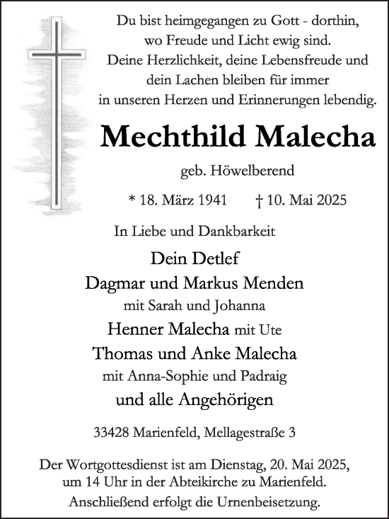 Traueranzeige von Mechthild Malecha von Die Glocke