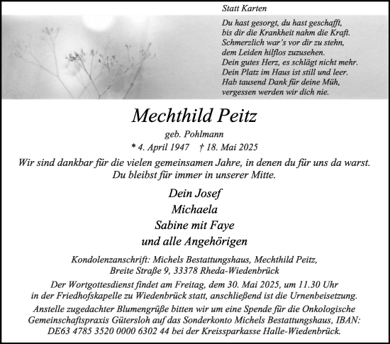 Traueranzeige von Mechthild Peitz von Die Glocke