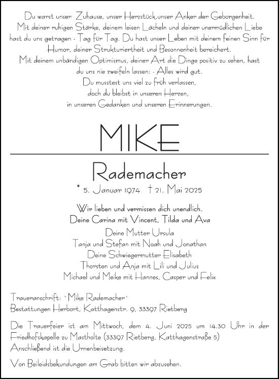 Traueranzeige von Mike Rademacher von Die Glocke
