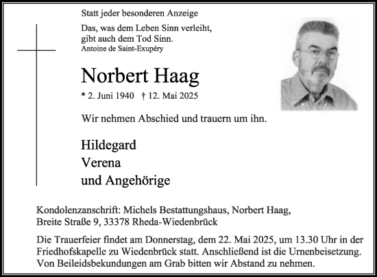 Traueranzeige von Norbert Haag von Die Glocke