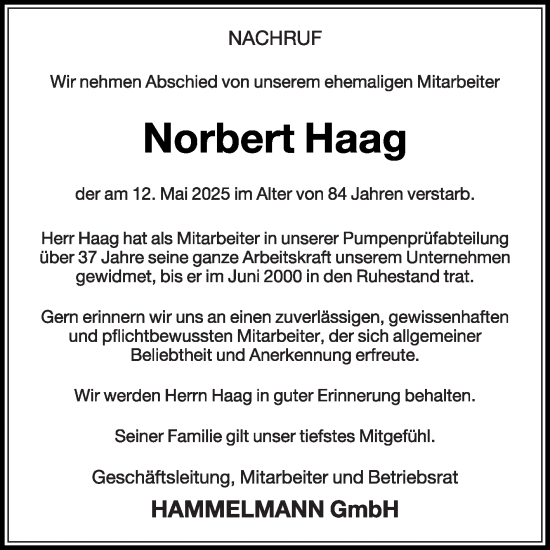Traueranzeige von Norbert Haag von Die Glocke