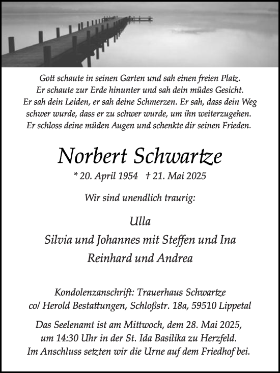 Traueranzeige von Norbert Schwartze von Die Glocke