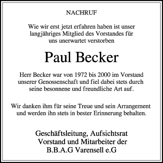 Traueranzeige von Paul Becker von Die Glocke