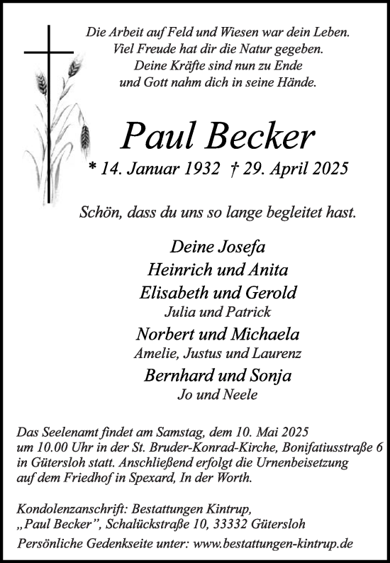 Traueranzeige von Paul Becker von Die Glocke