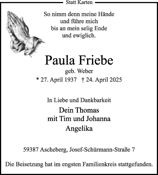Traueranzeige von Paula Friebe von Die Glocke