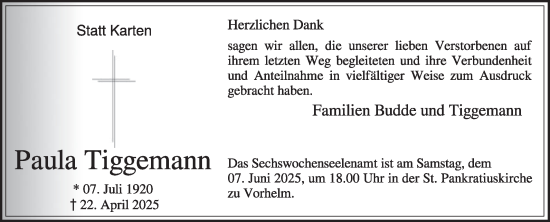 Traueranzeige von Paula Tiggemann von Die Glocke
