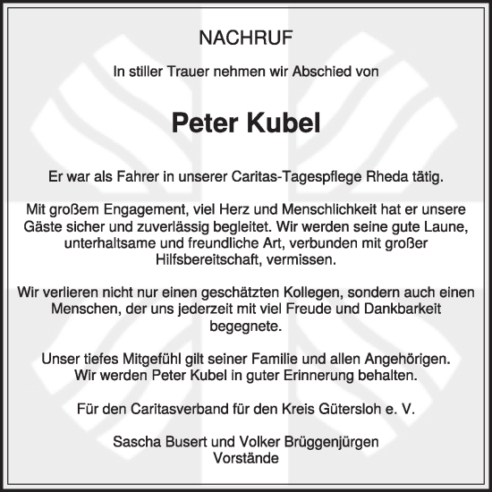 Traueranzeige von Peter Kubel von Die Glocke