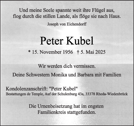 Traueranzeige von Peter Kubel von Die Glocke