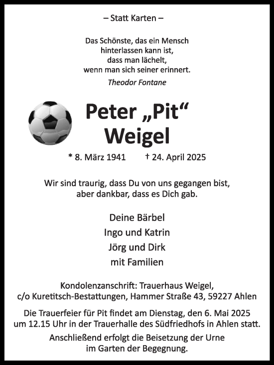 Traueranzeige von Peter Weigel von Die Glocke