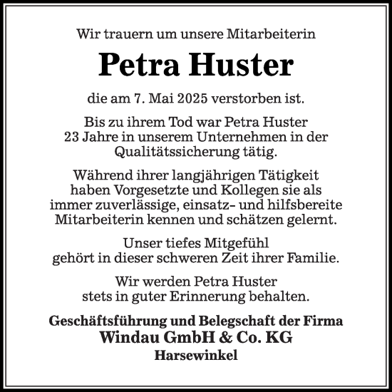 Traueranzeige von Petra Huster von Die Glocke