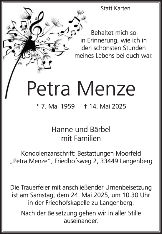 Traueranzeige von Petra Menze von Die Glocke