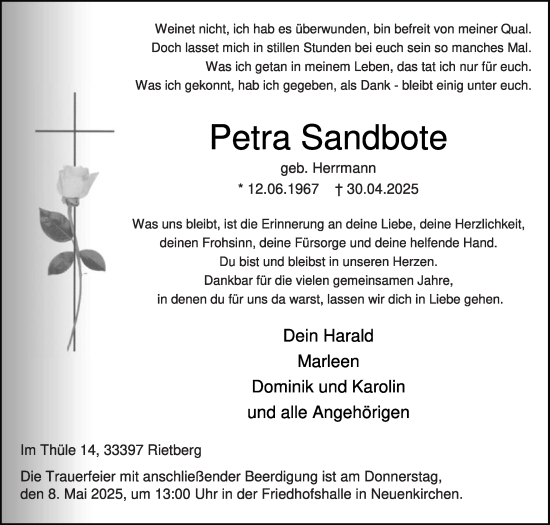 Traueranzeige von Petra Sandbote von Die Glocke