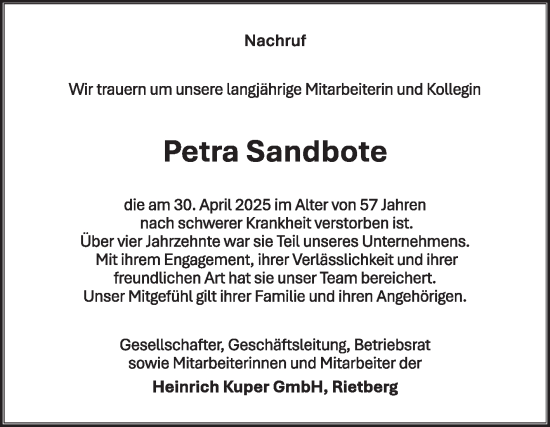 Traueranzeige von Petra Sandbote von Die Glocke