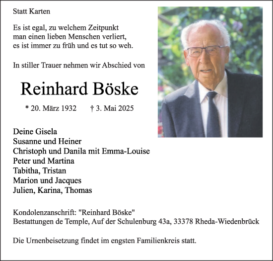 Traueranzeige von Reinhard Böske von Die Glocke