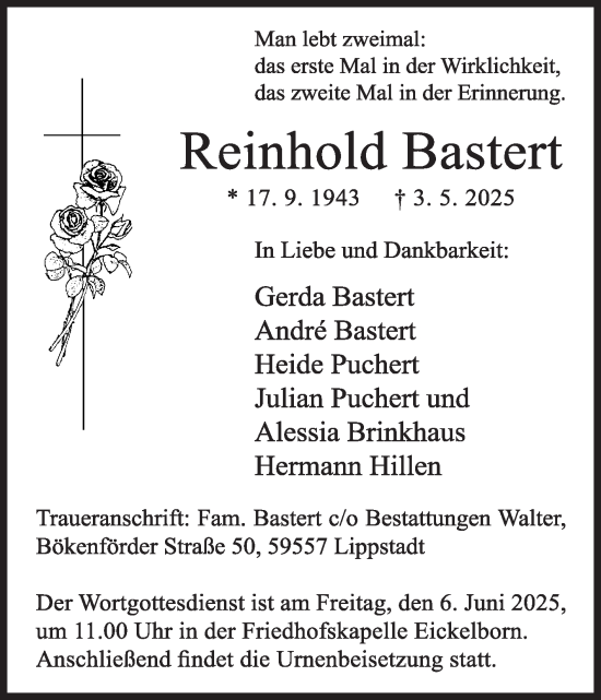 Traueranzeige von Reinhold Bastert von Die Glocke