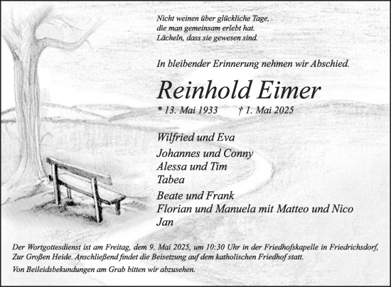 Traueranzeige von Reinhold Eimer von Die Glocke