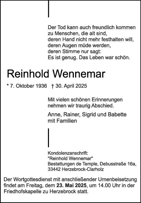 Traueranzeige von Reinhold Wennemar von Die Glocke