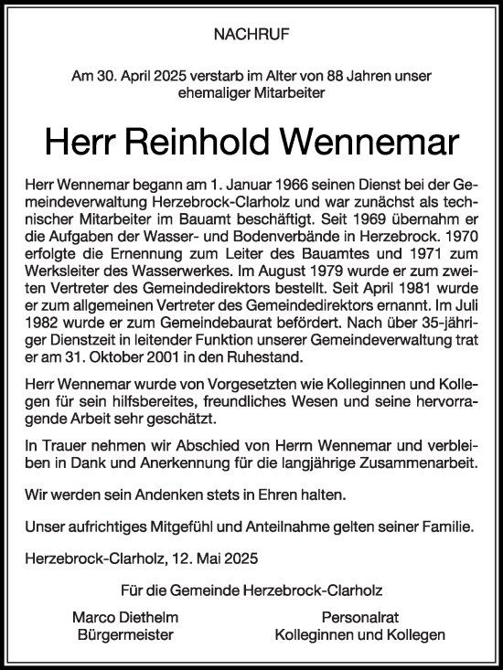 Traueranzeige von Reinhold Wennemar von Die Glocke