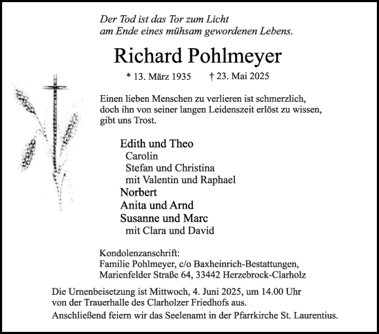 Traueranzeige von Richard Pohlmeyer von Die Glocke