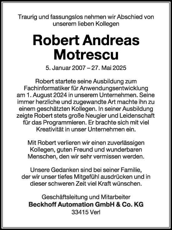 Traueranzeige von Robert Andreas Motrescu von Die Glocke