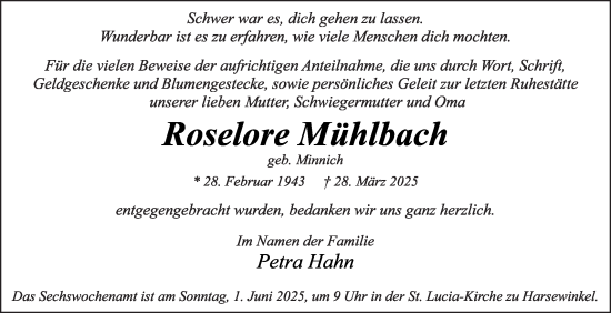 Traueranzeige von Roselore Mühlbach von Die Glocke