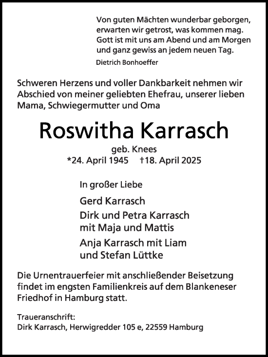 Traueranzeige von Roswitha Karrasch von Die Glocke