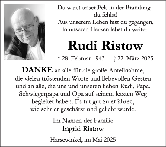 Traueranzeige von Rudi Ristow von Die Glocke