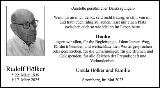 Traueranzeige von Rudolf Hölker von Die Glocke