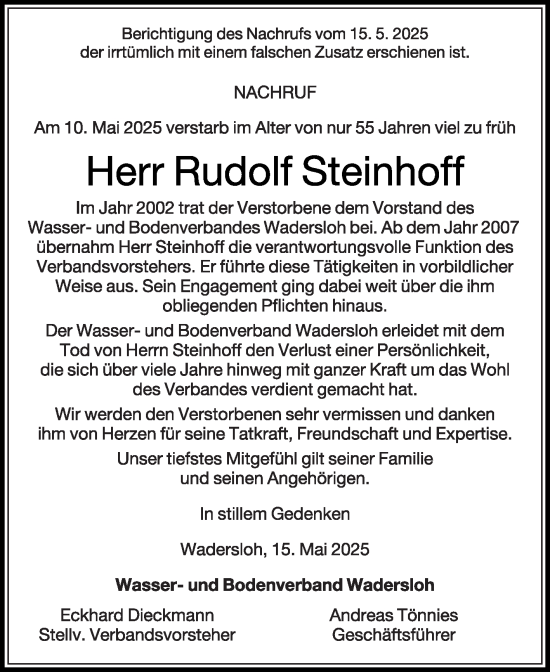 Traueranzeige von Rudolf Steinhoff von Die Glocke