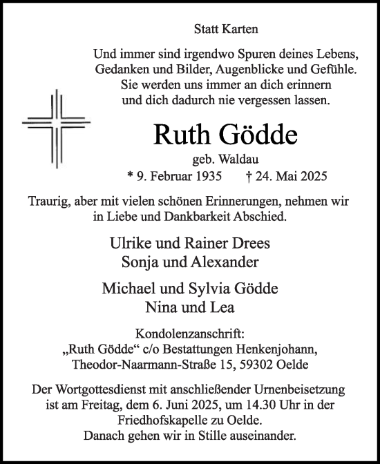 Traueranzeige von Ruth Gödde von Die Glocke