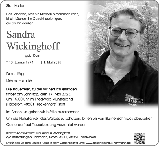 Traueranzeige von Sandra Wickinghoff von Die Glocke
