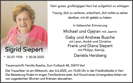 Traueranzeige von Sigrid Siepert von Die Glocke