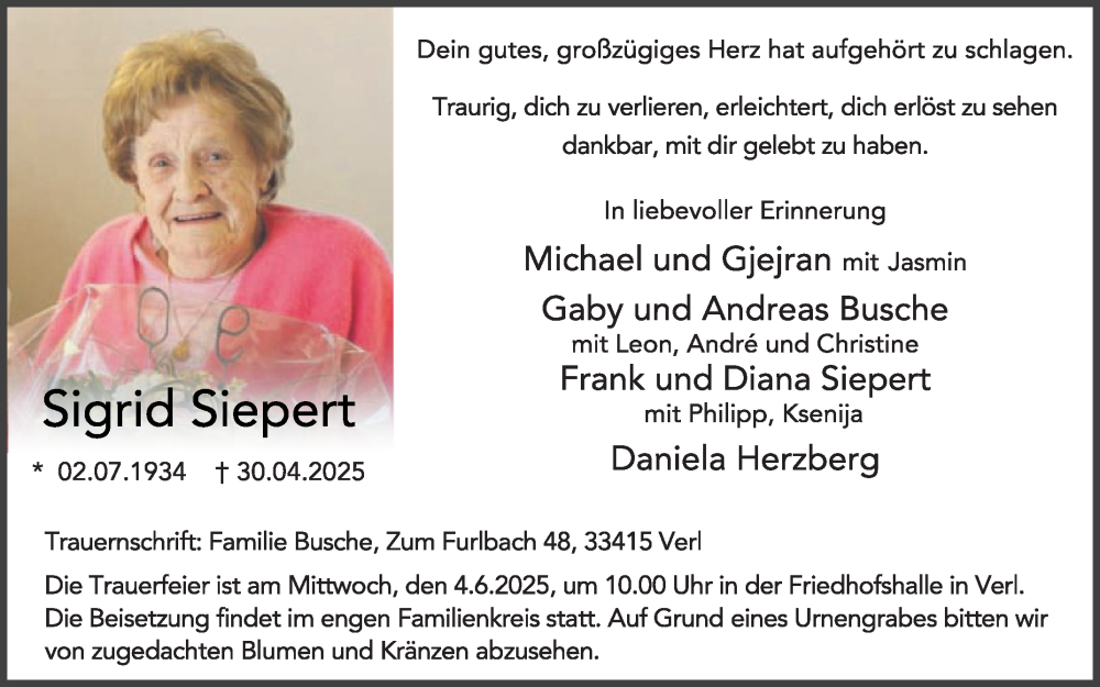  Traueranzeige für Sigrid Siepert vom 28.05.2025 aus Die Glocke