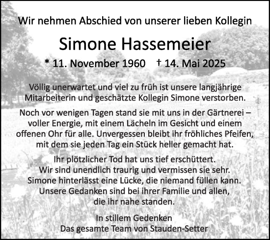 Traueranzeige von Simone Hassemeier von Die Glocke